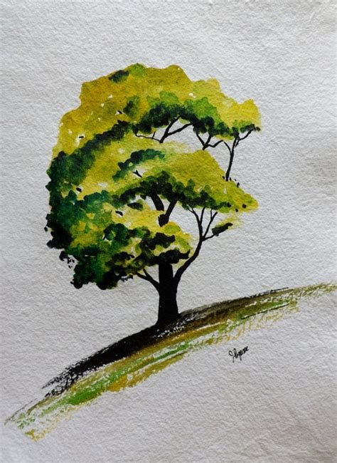 Original Watercolor Green Tree Painting Simple Tree by pinetreeart