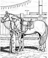 Horse Coloring Page Of Cowboy Adjusting Saddle  coloring Pages sketch template