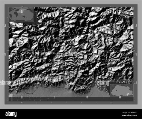 Pemagatshel, district of Bhutan. Bilevel elevation map with lakes and ...