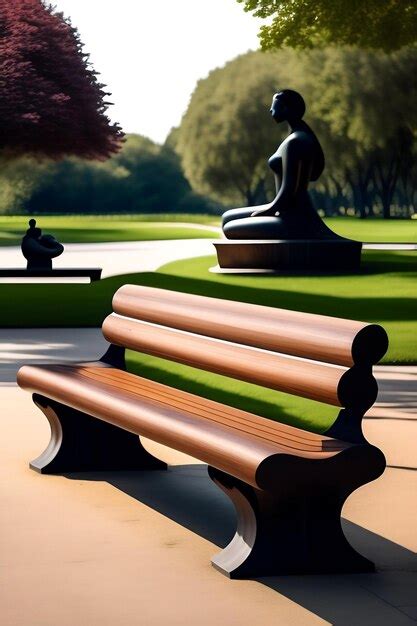 Premium AI Image | Wooden bench with sculptures in the park street furniture