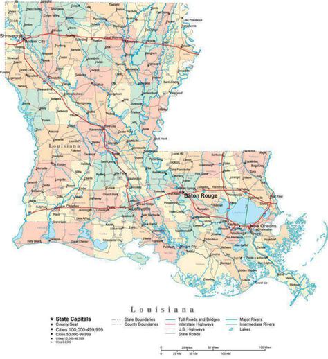 Louisiana Digital Vector Map with Counties, Major Cities, Roads, Rivers & Lakes