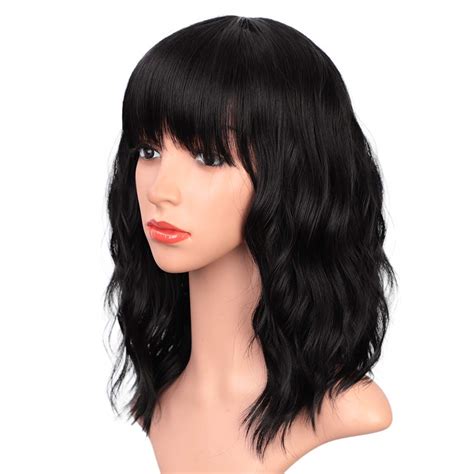 ENTRANCED STYLES 14 Black Synthetic Curly Bob Wig with Bangs for Women ...