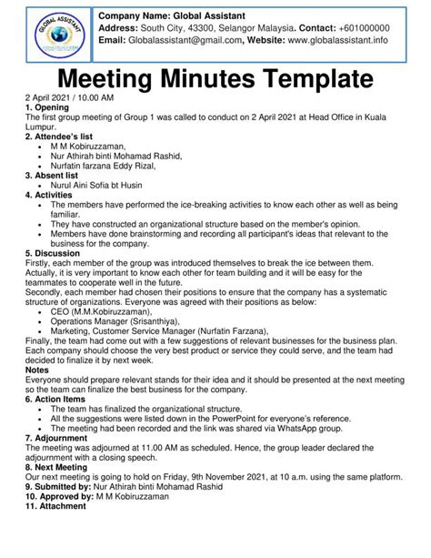 Minutes of Meeting Example, Elements and Importance