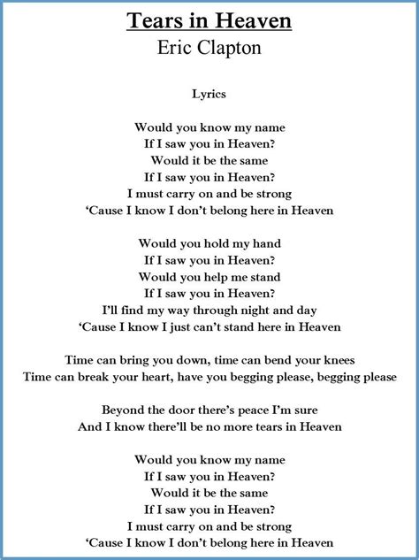 Eric Clapton Tears In Heaven Lyrics