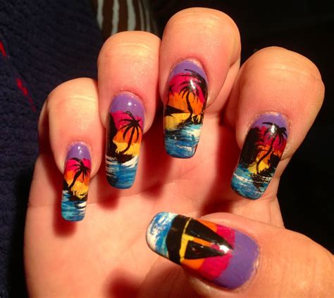 Hand painted sunset nail art design on my own nails :) | Nail art summer, Nail art, Sea nail art