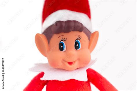 Christmas Elf toy face close up on a white background. Christmas spirit ...