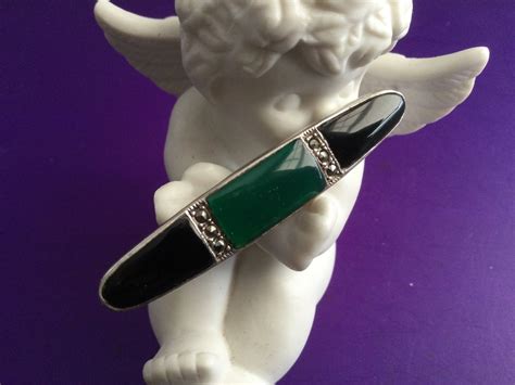 Art Deco Bar Pin Brooch Sterling Marcasite Black Green Enamel Mourning ...