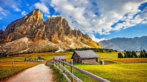 HD wallpaper: field, dolomites, dolomite mountains, village, wurzjoch ...