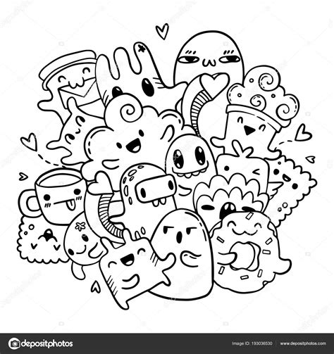 Cute doodles hand drawn pattern. Vector isolated outline set of cartoon monsters. Coloring book ...