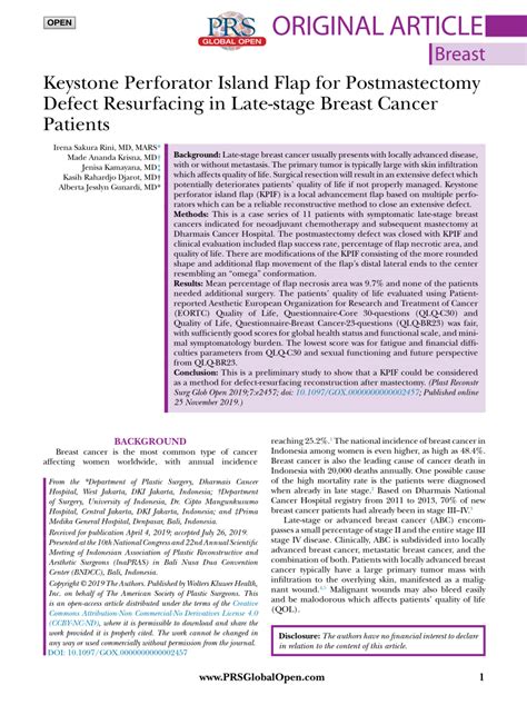 (PDF) Keystone Perforator Island Flap for Postmastectomy Defect ...