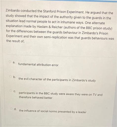 Solved Zimbardo conducted the Stanford Prison Experiment. He | Chegg.com