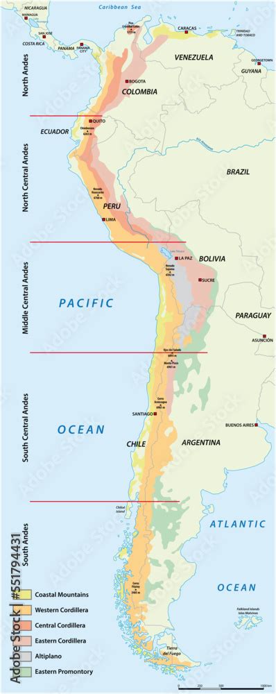 Map of the divisions of the South American mountains Andes Stock Vector | Adobe Stock