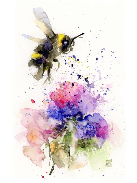 BUMBLE BEE and Pink Purple Flower Painting, Insect Watercolor Print, Bees and Flowers Decor ...