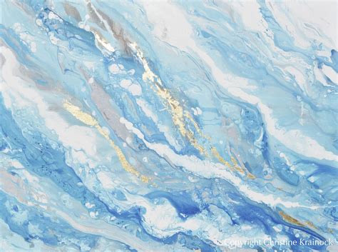 ORIGINAL Art Light Blue Aqua White Abstract Painting Gold Leaf Marbled Coastal Wall Art 48x36 ...