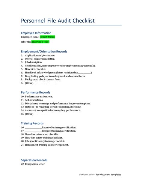 Personnel File Audit Checklist Fillable Form - Printable Forms Free Online