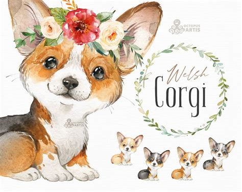 Welsh Corgi. Watercolor Little Animal Clipart, Portrait, Puppy, Doggie ...