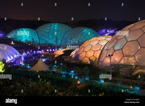 The Eden Project Biomes colourfully lit at night Stock Photo - Alamy