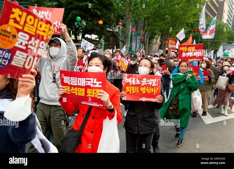 Anti-Japan and anti-Yoon Suk Yeol protest, May 6, 2023 : South Koreans participate in a protest ...