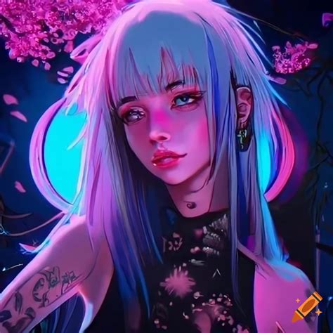 Realistic artwork of a cyberpunk girl under a cherry tree on Craiyon