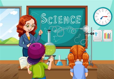 Premium Vector | Teacher explaining science experiment to students in the classroom