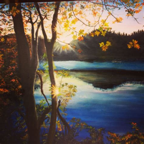 a painting of trees and water with the sun shining through it's leaves in the foreground