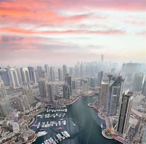 Aerial View of Dubai Marina Buildings at Dusk Stock Photo - Image of ...