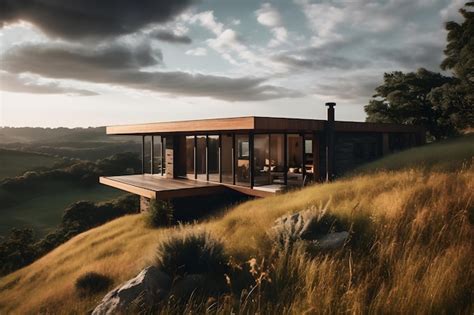 Premium AI Image | A house on a hill with a sunset in the background