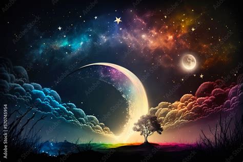 Magical night background with full moon, beautiful rainbow at starry night. Fairytale night ...