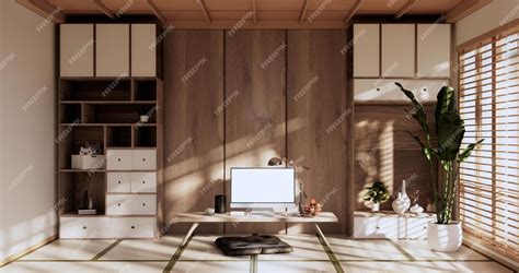 Premium Photo | Living room interior on tatami mat floor computer on ...