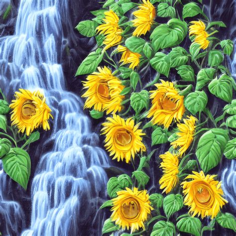 Waterfall Sunflowers Digital Graphic Hyper Realistic Intricate · Creative Fabrica