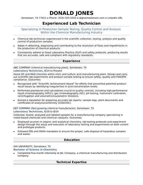 Senior Laboratory Technician Resume Sample | Monster.com