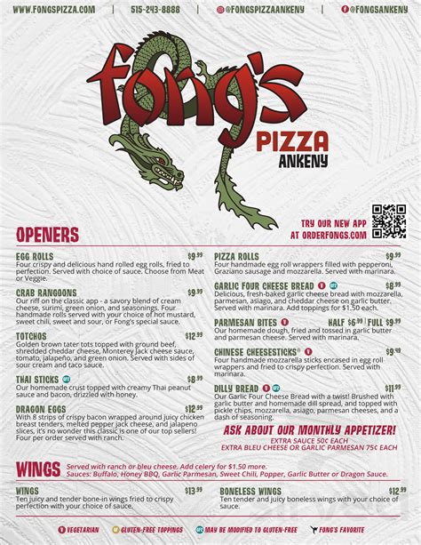 Fong's Pizza menu in Des Moines, Iowa, USA