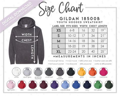 Semi-editable Gildan 18500B Size Chart Color Chart Gildan - Etsy Australia