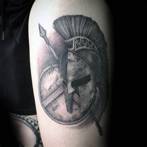 50 Spear Tattoo Designs For Men - Sharp Warrior Emblem Ideas | Spartan helmet tattoo, Spartan ...