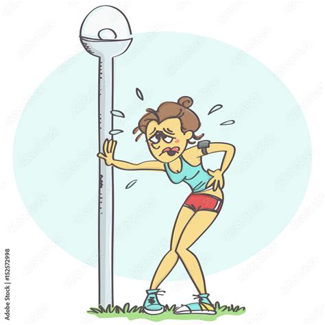 Cartoon vector with woman in sporty outfit leaning on street light ...