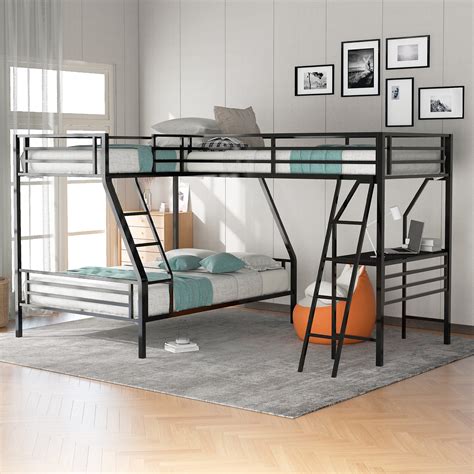 Buy KLMM Metal Triple Bunk Beds with Desk, Twin Over Full Bunk Bed Attached Twin Loft Bed, L ...