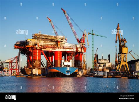 Oil Rig under construction in the shipyard of Gdansk, Poland Stock ...