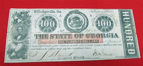 Stewarts Military Antiques - - US Civil War Confederate 100 Dollar Bill, Georgia 1863 - $45.00