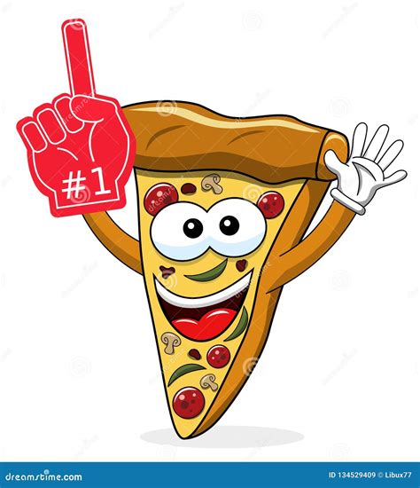 Pizza Slice Cartoon Funny Exulting Number One Glove Supporter Fan Isolated Stock Vector ...