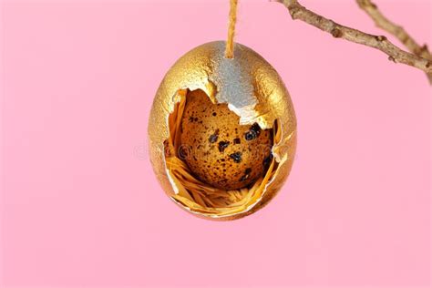 Easter Decor, Eggshells Painted Golden with Quail Egg Inside Stock Image - Image of easter ...