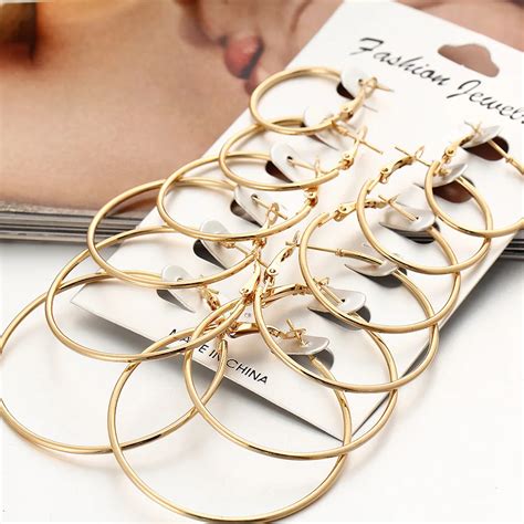 60 pairs/lot Large Size Gold Color Hoop Earrings Set Women Jewelry Hollow Silver Color Small Big ...