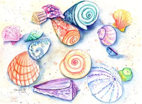 Seashell Art, Seashell Print, Seashells watercolor, Hawaii art, sea shell painting, ocean art ...