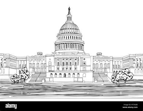 Washington DC Capitol landscape, USA. Pencil Drawing. Capitol Building Hand Drawn Vector ...