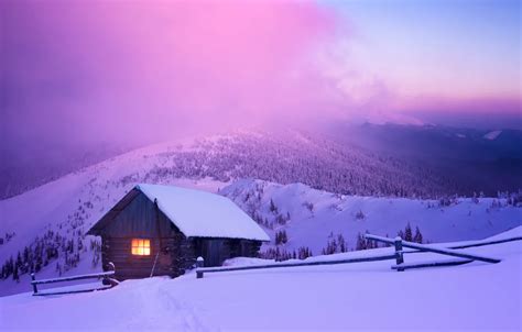 Wallpaper winter, forest, snow, mountains, night, hut, village, house ...