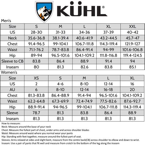 KÜHL Clothing Size Chart - The Urban Gear