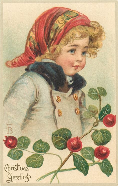 Christmas Greetings Head And Shoulders Of Girl In Grey Coat & Many Coloured Hat, Holly Below ...