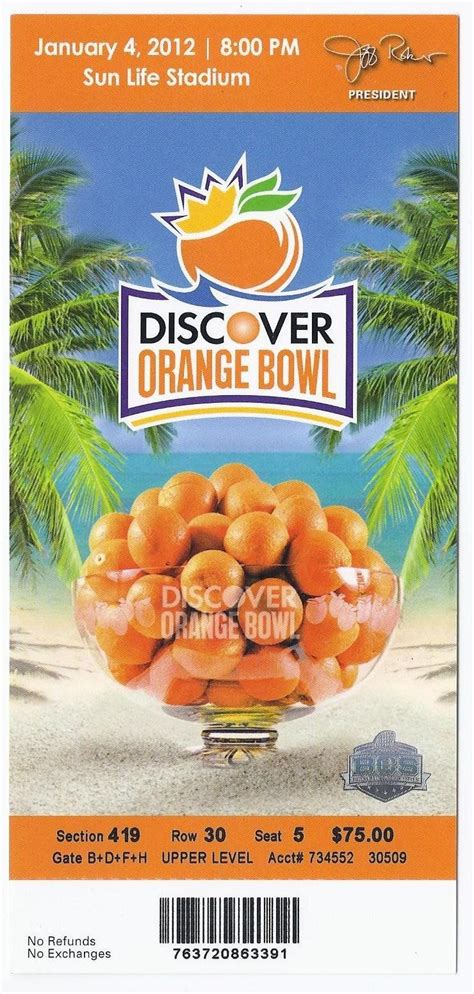 2012 Orange Bowl Game Full Unused Ticket West Virginia Clemson | Bowl ...