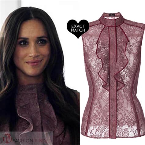 Meghan Markle as Rachel in burgundy ruffled lace blouse on Suits season 7 ~ TV Fashion Finder