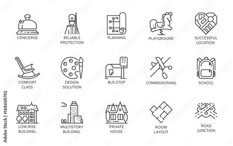 Vecteur Stock Urban infrastructure outline pictograph set. Line icons of playground, buildings ...