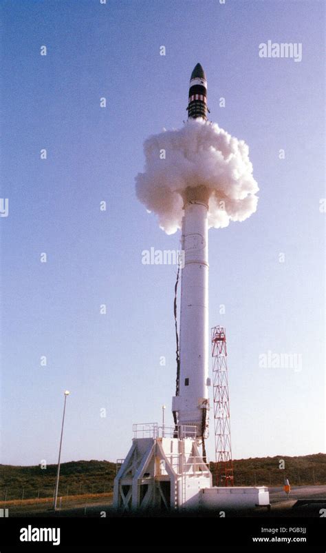 An MGM-118A Peacekeeper international ballistic missile emerges from its launch canister. This ...